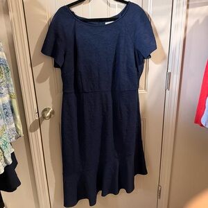 Navy Textured Short-Sleeve Midi Dress
